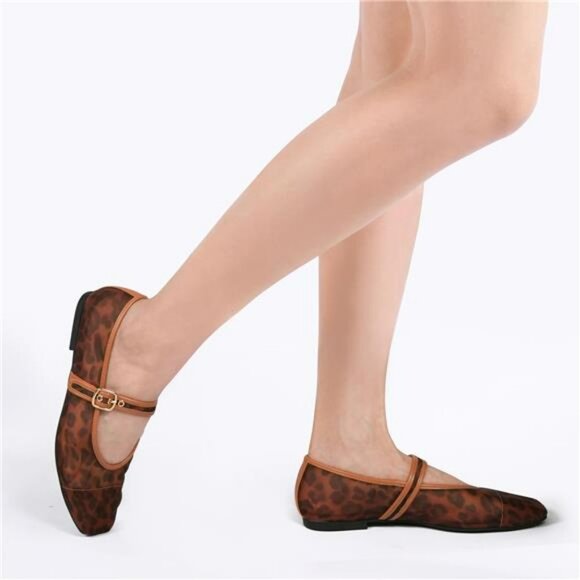 Leopard Mesh Ballet Flats Square Toe Mary Jane Buckle Dress Shoes Women - Picture 4 of 7